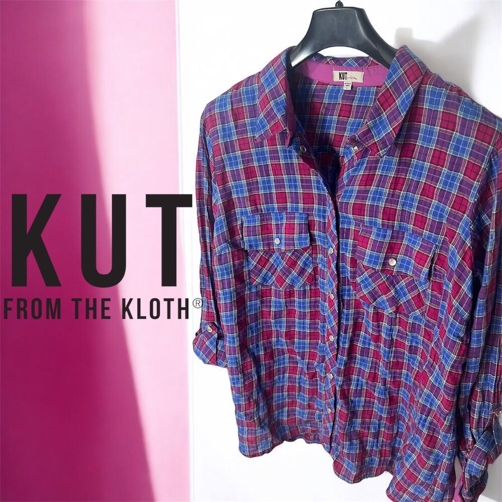 Kut from the Kloth Plaid Flannel Womens Size L Large Long Sleeve‎ Casual Blue